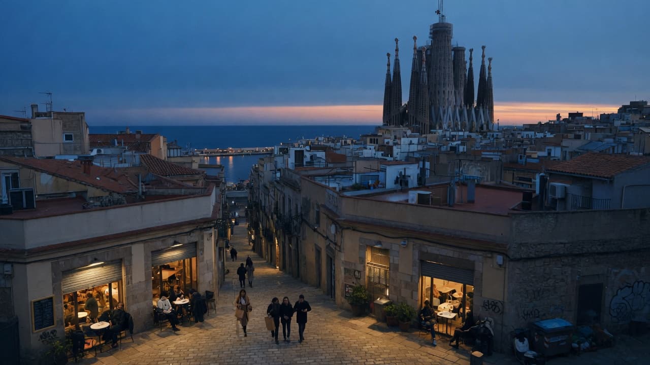 Barcelona Gothic street and Sagrada Família at blue hour