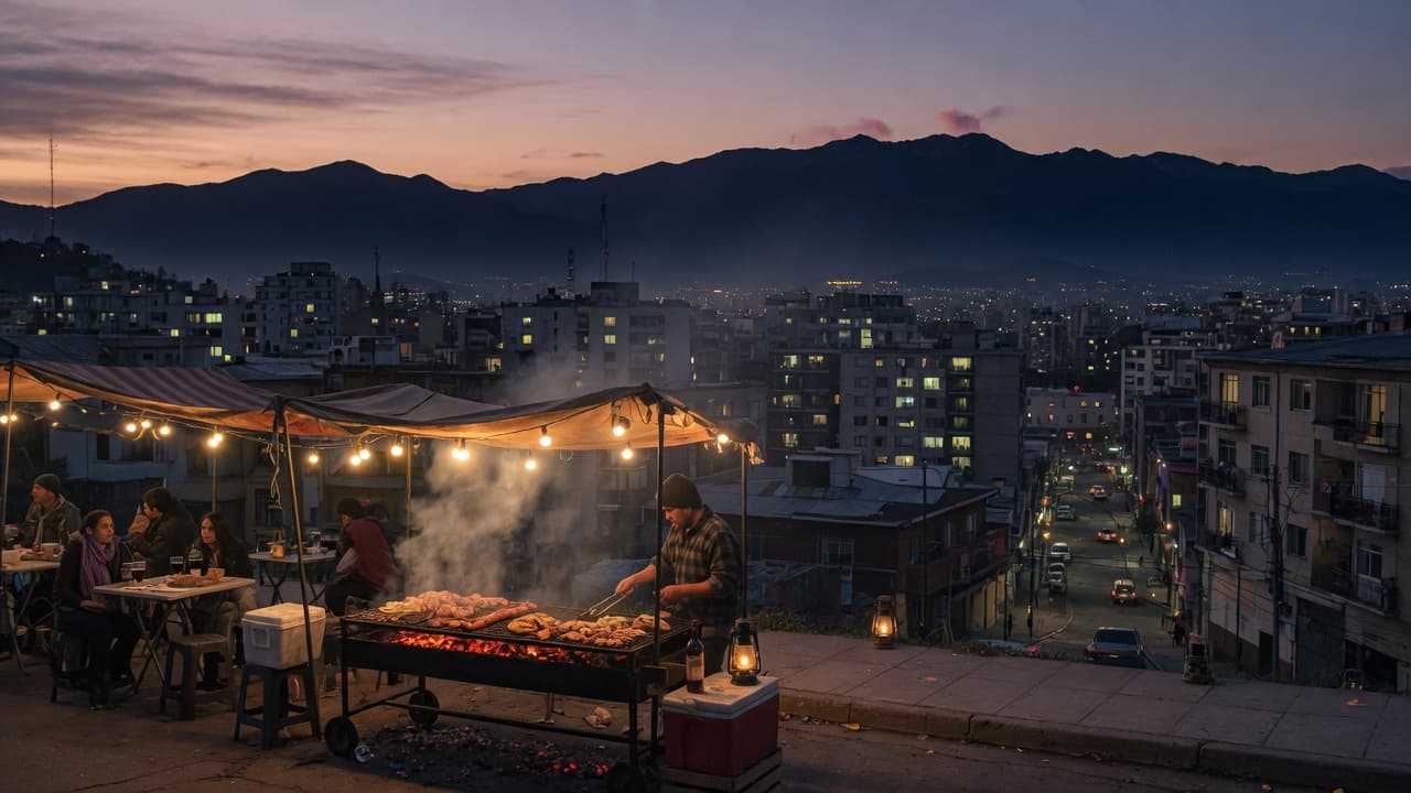Santiago grill and Andes at dusk